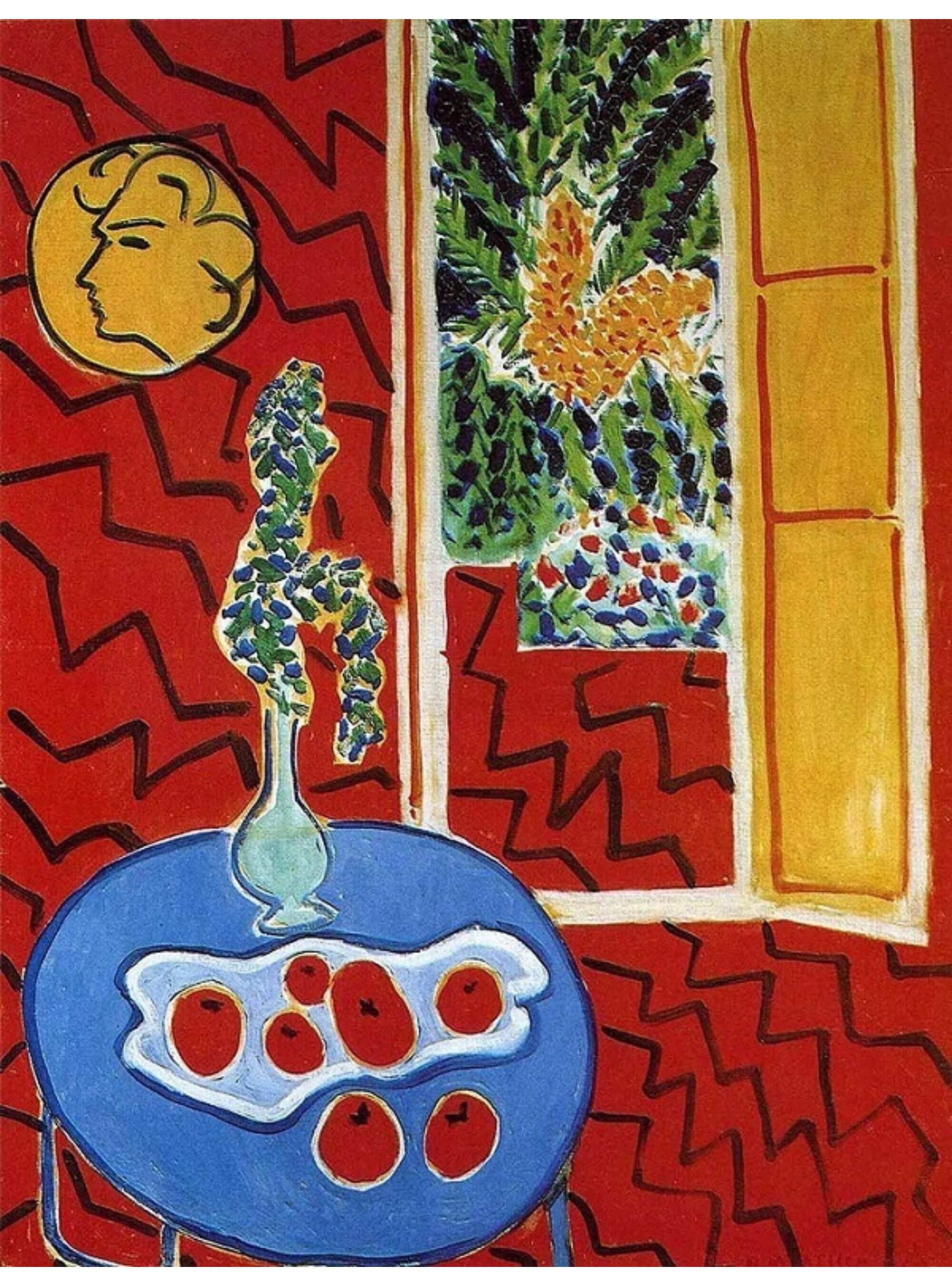 Rood interieur, stilleven op een blauwe tafel